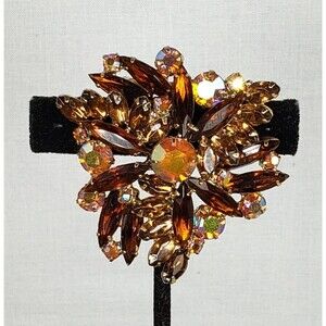 Vintage 1960's Amber Color Navettes with Aurora Borealis Stones Brooch